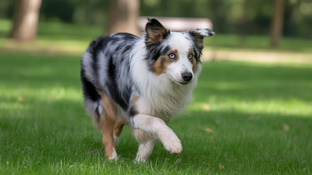 An Australian Shepherd with striking blue eyes walking across a grassy lawn in a park-like setting