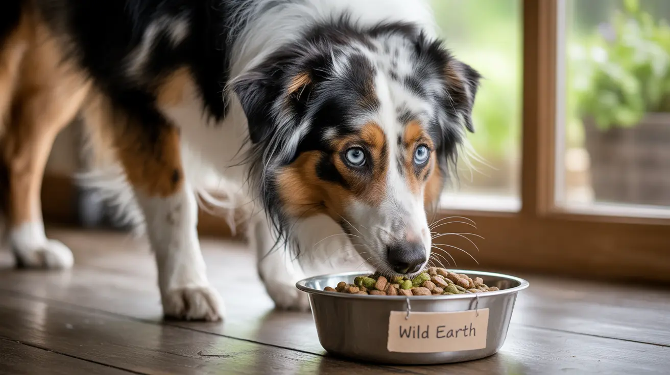 Australian Shepherd with striking blue eyes eating from a Wild Earth branded dog food bowl
