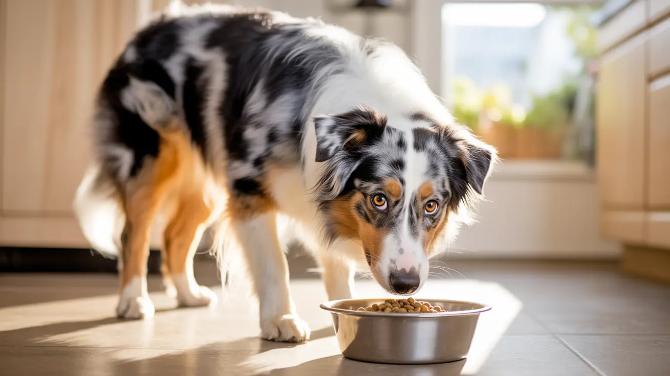 Australian Shepherd with blue merle coat eating from stainless steel bowl on kitchen floor