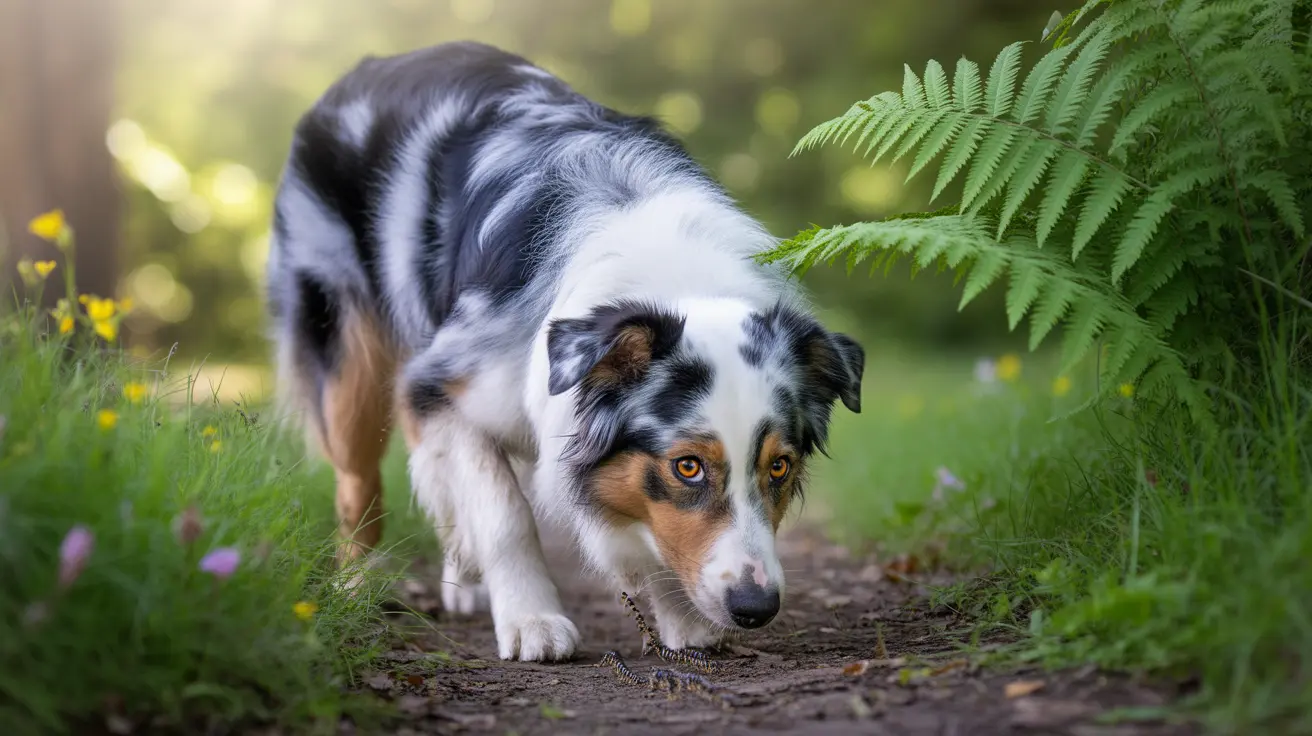 Australian Shepherd with blue merle coat cautiously investigating the ground in a lush forest