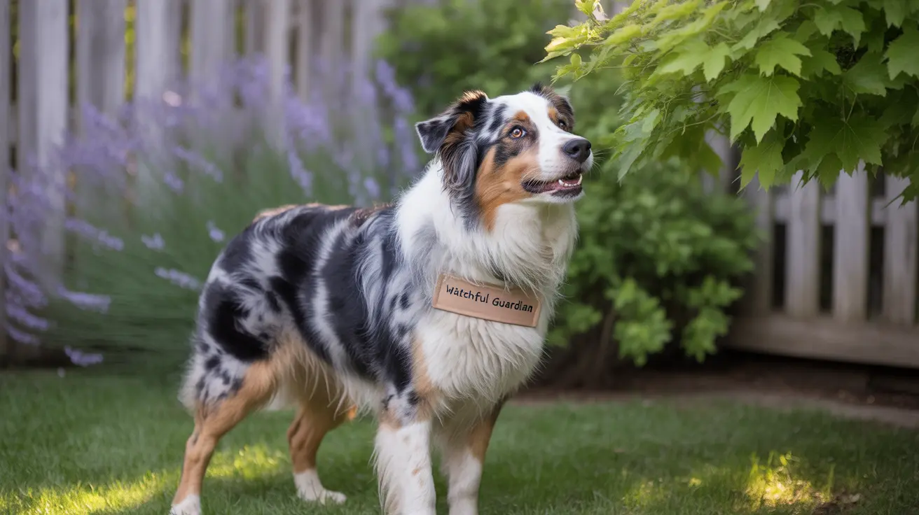 Australian Shepherd with blue merle coat standing alertly in a garden with lavender and a white picket fence