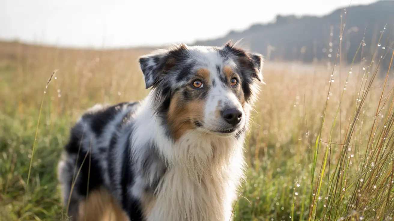 Australian Shepherd with blue merle coat and amber eyes sitting attentively in a golden grassland field