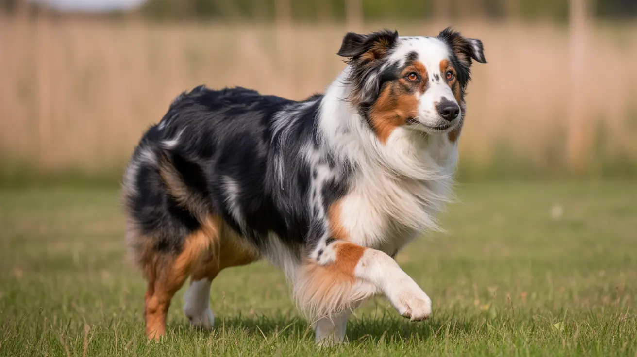 青 merle、黒、茶色の毛色のオーストラリアン・シェパードが、草地を走りながら一歩踏み出している場面