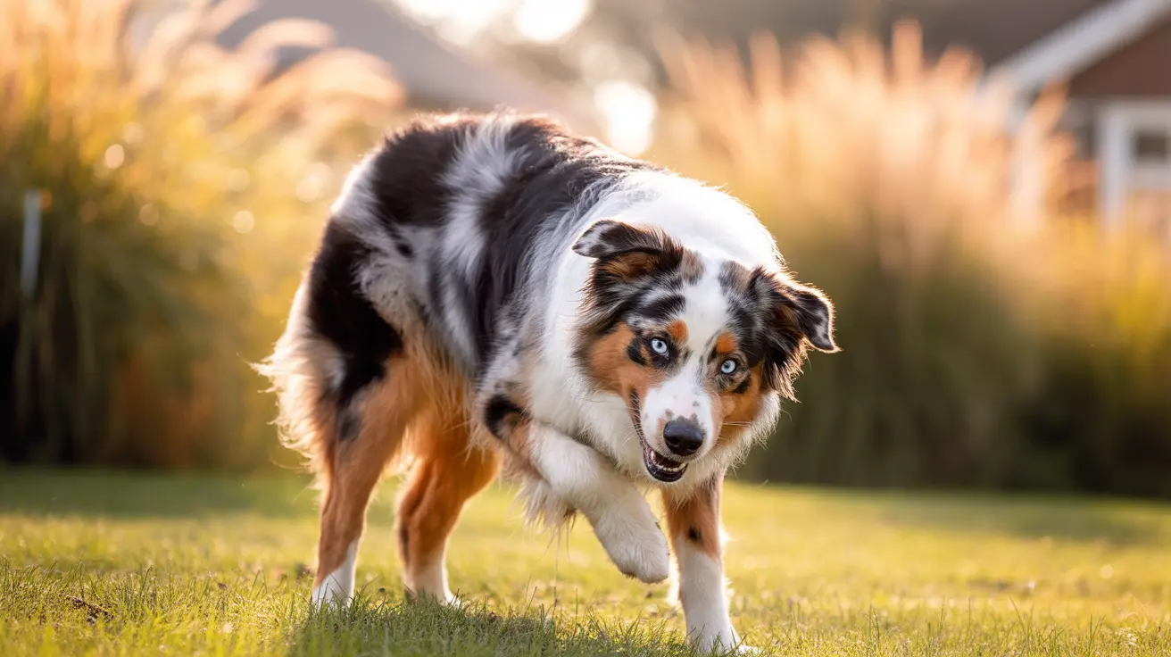 Australian Shepherd dog running across grassy yard in golden sunlight