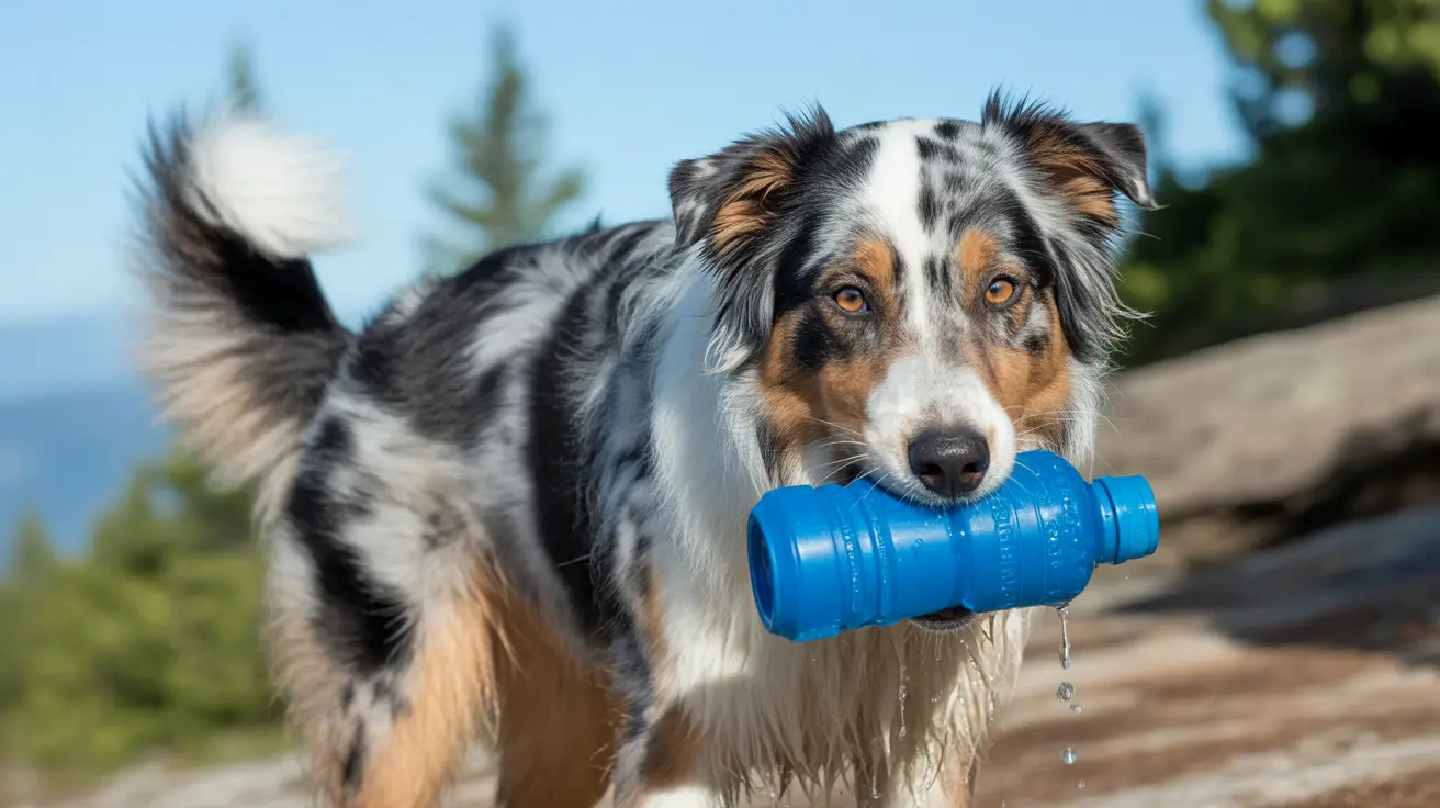Australian Shepherd holding blue water bottle with water dripping from mouth
