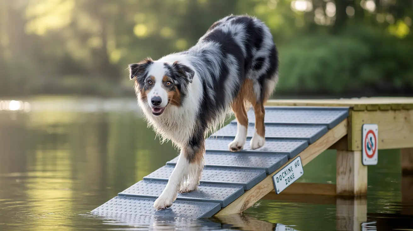 Australian Shepherd walking down a ramp in a Docking Zone area near water