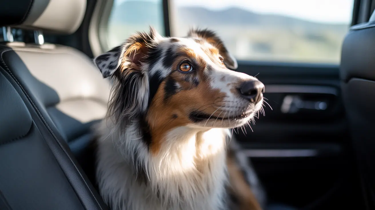 Australian Shepherd sitting alert in car back seat looking out the window