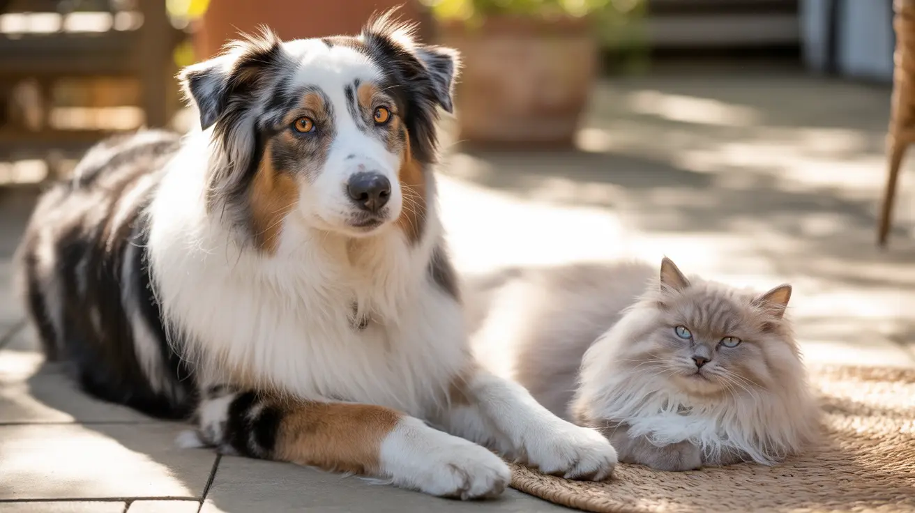 Australian Shepherd dog and fluffy long-haired cat sitting peacefully together outdoors