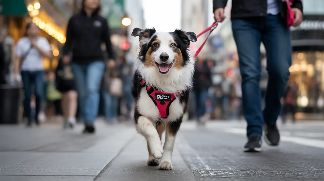 Australian Shepherd walking confidently on a city sidewalk with a red harness
