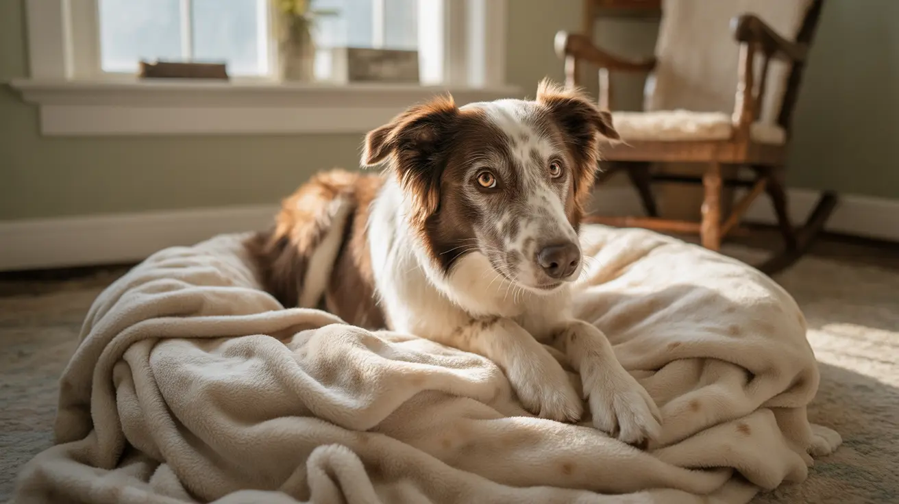 An Australian Shepherd lying comfortably on a soft beige blanket near a window