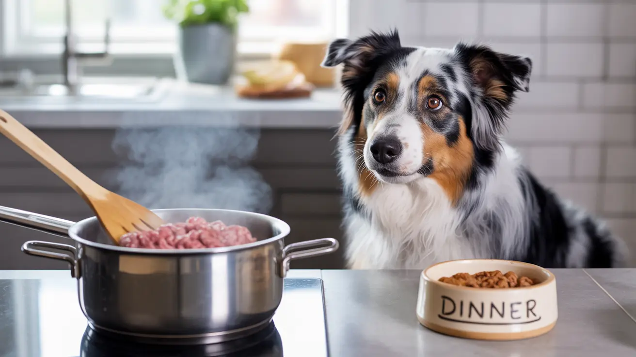 Australian Shepherd sitting attentively next to a pot of cooking meat and a bowl of dog food