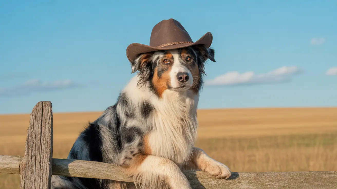 Un Pastor Australiano con un sombrero de vaquero marrón, sentado en una cerca de madera en un campo de trigo abierto