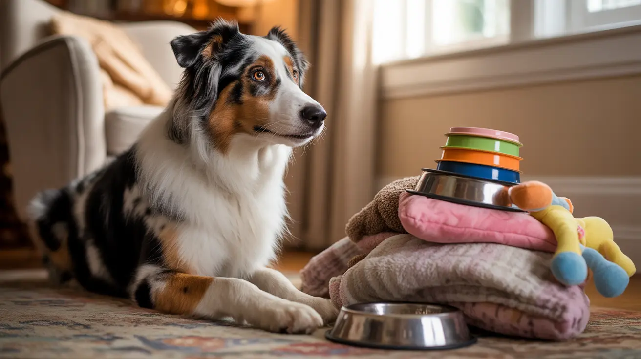 An Australian Shepherd lying on a rug next to colorful pet supplies and toys indoors
