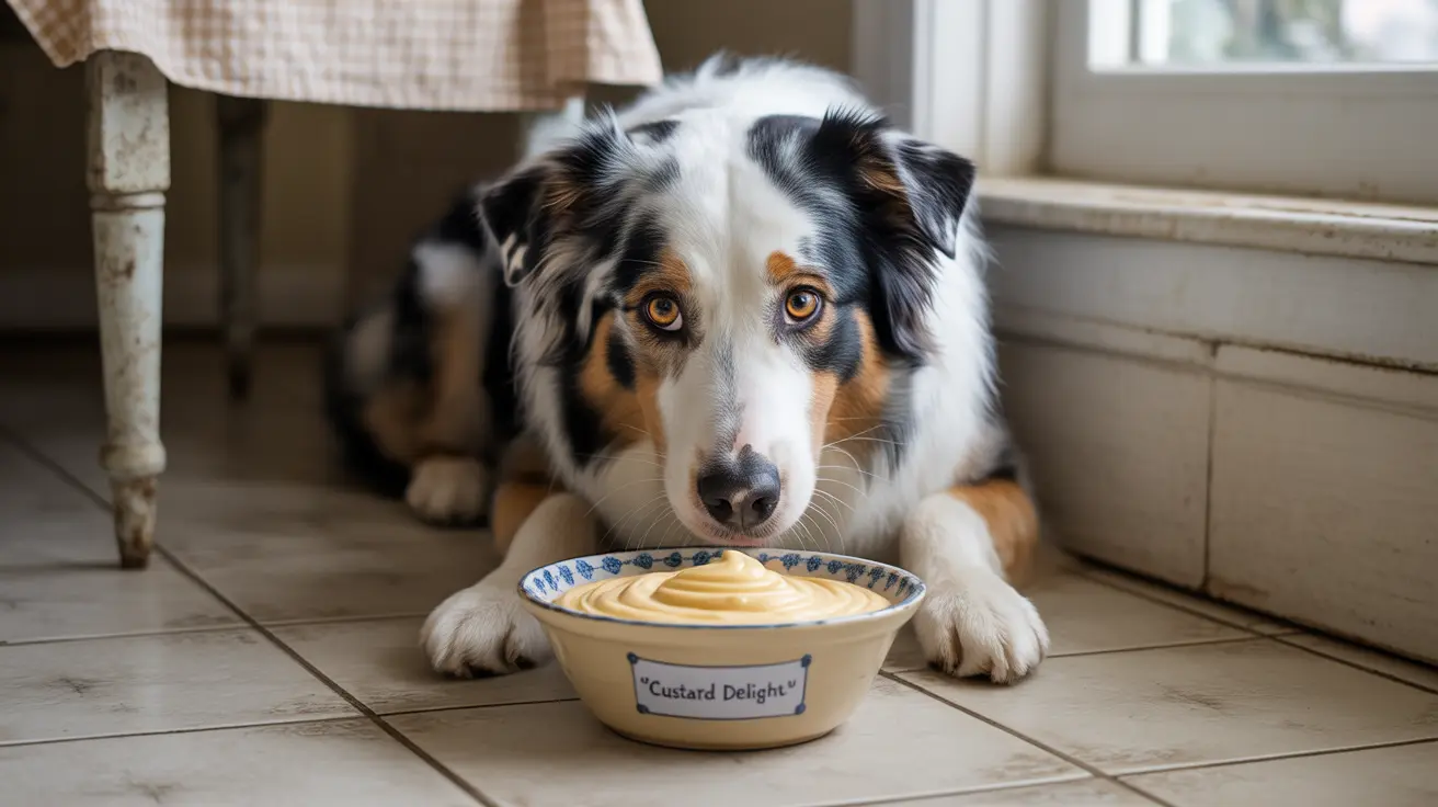 Un Shepherd Australien assis attentivement devant un bol de crème anglaise jaune portant une étiquette 'Délice de crème anglaise'.