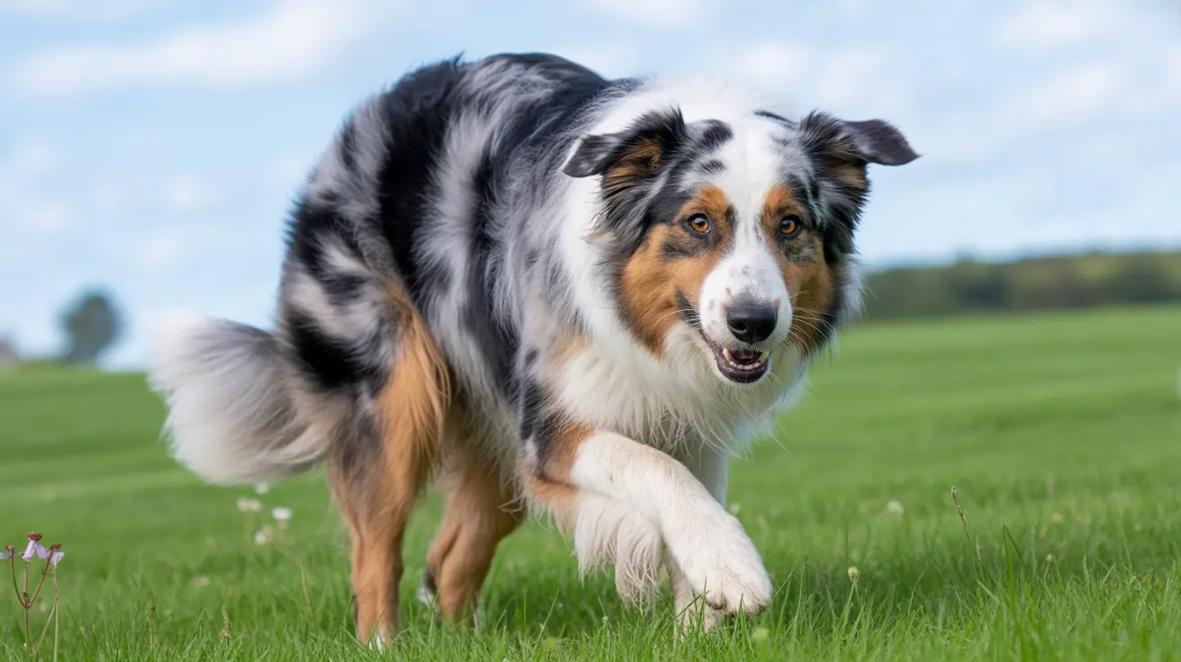 An Australian Shepherd walking across a green grassy field on a sunny day