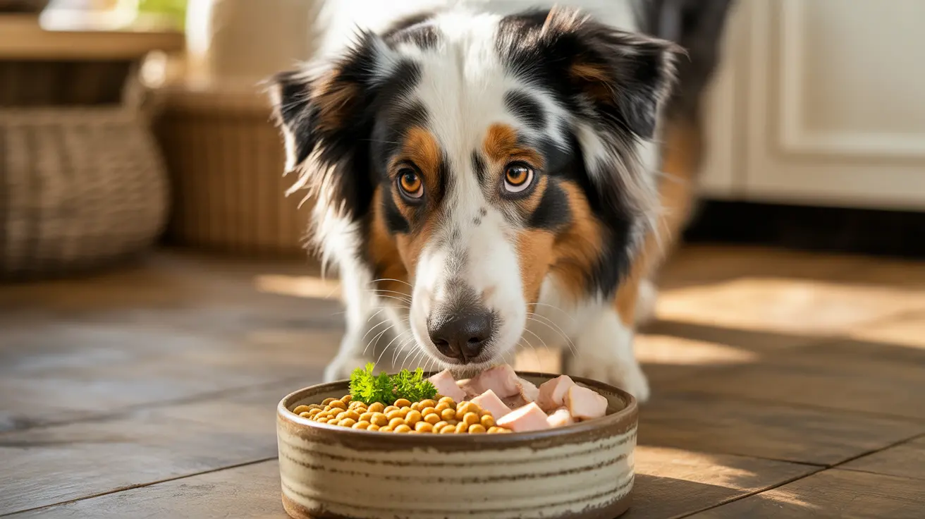 Australian Shepherd intently looking at a bowl of dog food with kibble and meat pieces