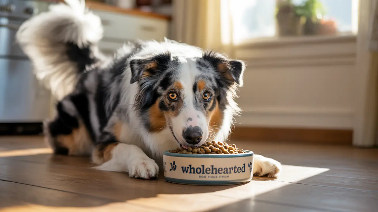 An Australian Shepherd lying beside a food bowl filled with dry dog food, looking attentive.