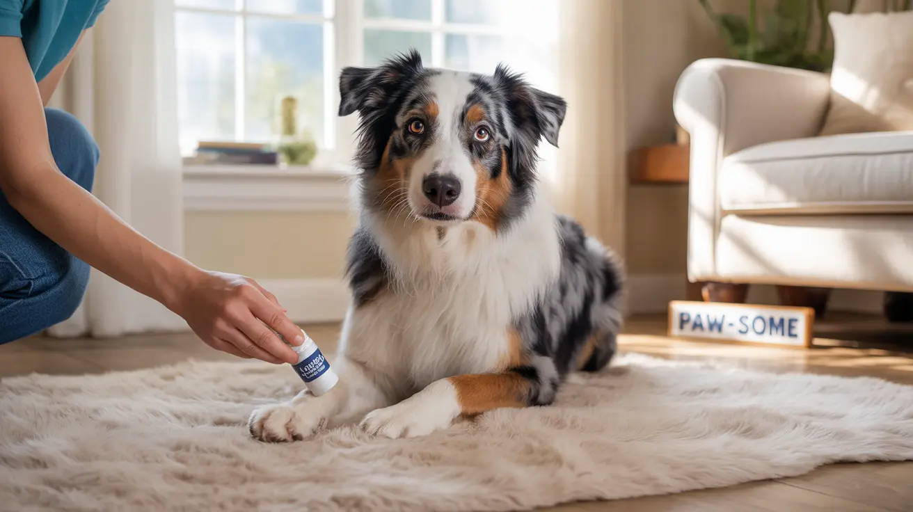 An Australian Shepherd receiving attention and care at home, with a product being applied to its paw