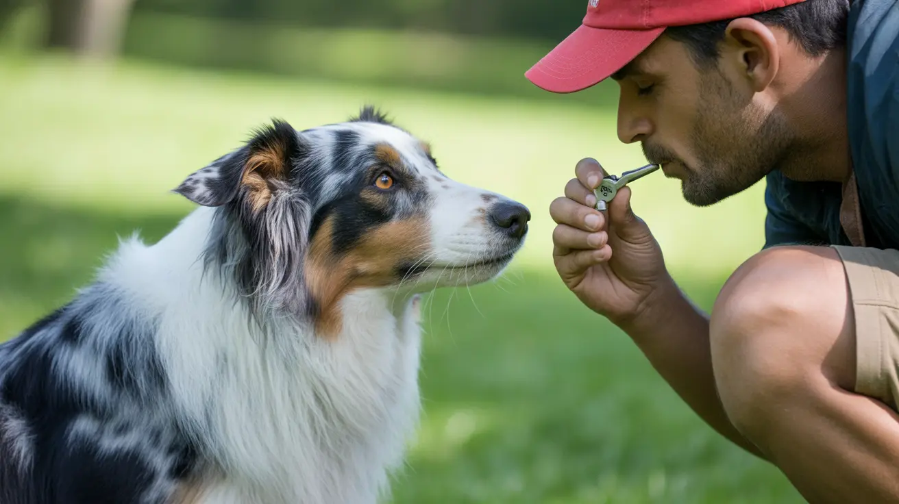 An Australian Shepherd intently watching a person using a dog training whistle in a grassy outdoor setting