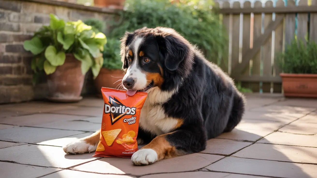 An Australian Shepherd with a bag of Doritos in its mouth in a backyard