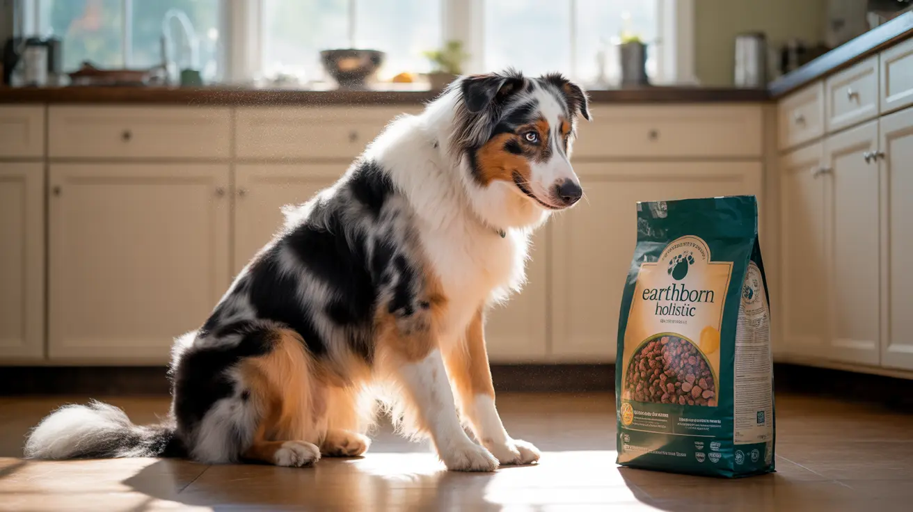 An Australian Shepherd sitting attentively next to a bag of Earthborn Holistic dog food in a bright kitchen