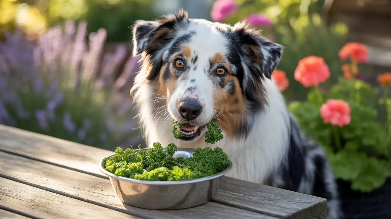 An Australian Shepherd dog eating broccoli from a metal bowl on a wooden surface in a garden setting.