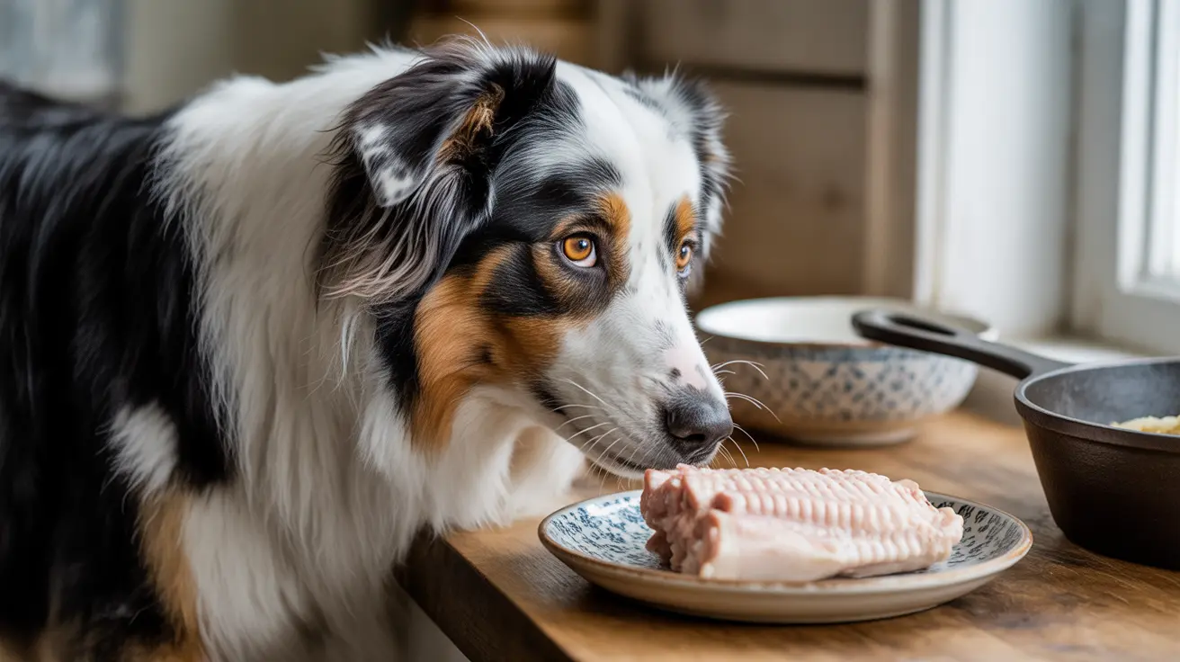 An Australian Shepherd examining a raw piece of meat on a decorative plate in a kitchen