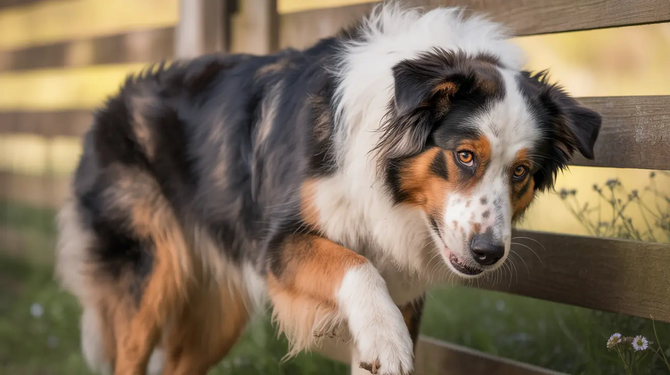 Australian Shepherd dog looking through wooden fence rails at the camera