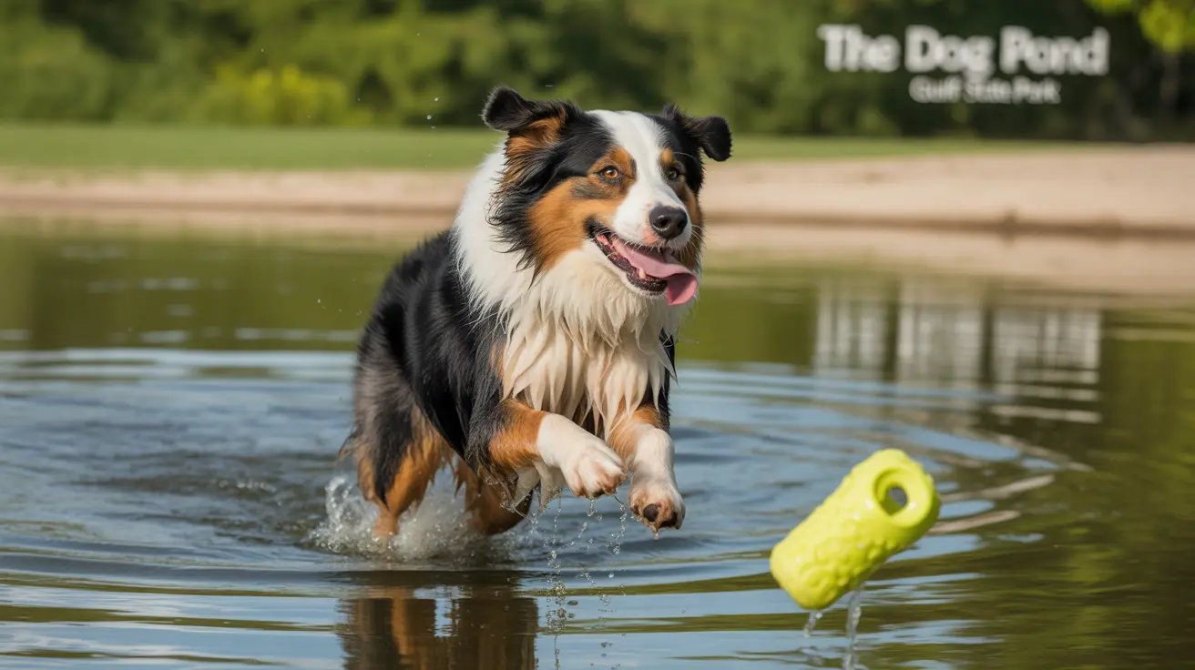 Australian Shepherd playing fetch in a water pond, chasing a bright yellow toy