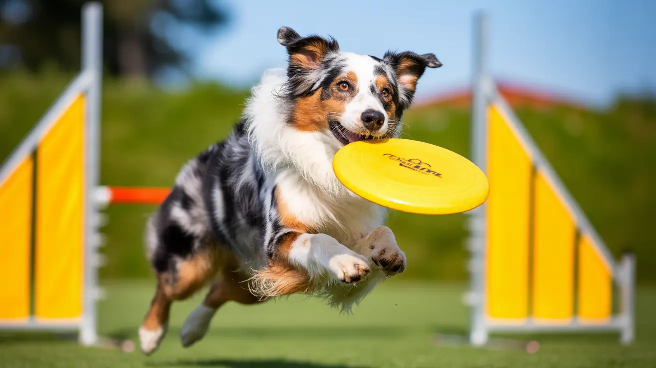 Australian Shepherd mid-leap catching a yellow frisbee during agility training