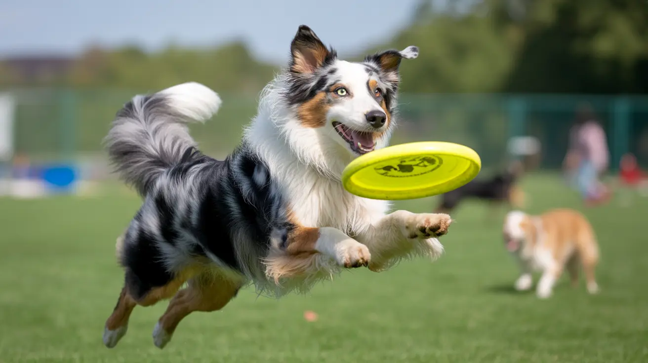Australian Shepherd leaping mid-air catching a bright yellow frisbee in a grassy outdoor field