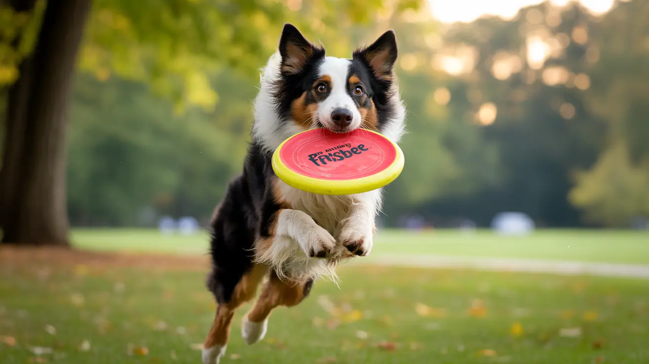 Australian Shepherd jumping mid-air catching a red and yellow frisbee in a park at golden hour