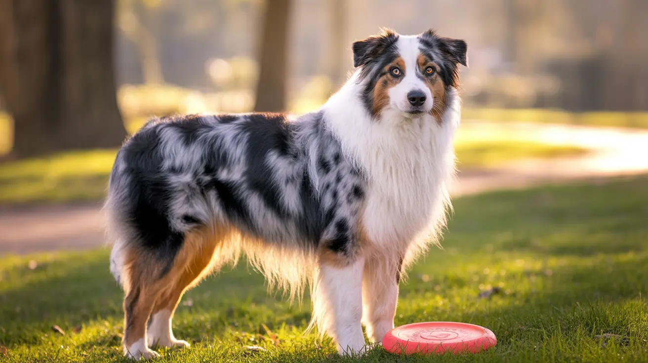 An Australian Shepherd standing alert on a grassy lawn with a red frisbee nearby