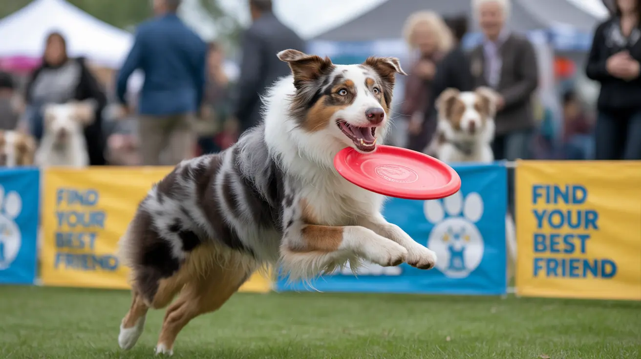 Australian Shepherd mid-leap catching a red frisbee during a dog competition event
