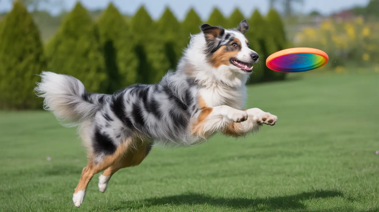 Australian Shepherd jumping to catch a colorful frisbee in a grassy park