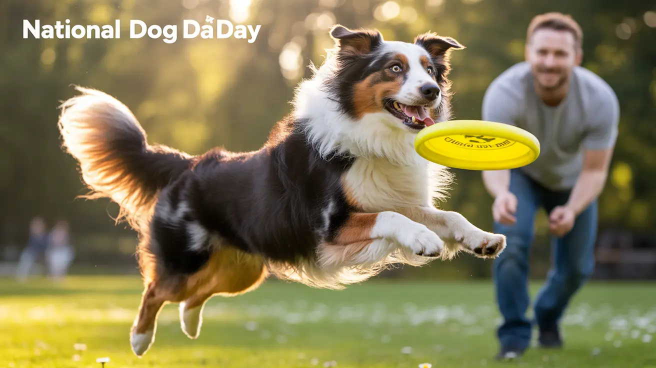 Australian Shepherd leaping mid-air to catch a yellow frisbee in a sunlit park