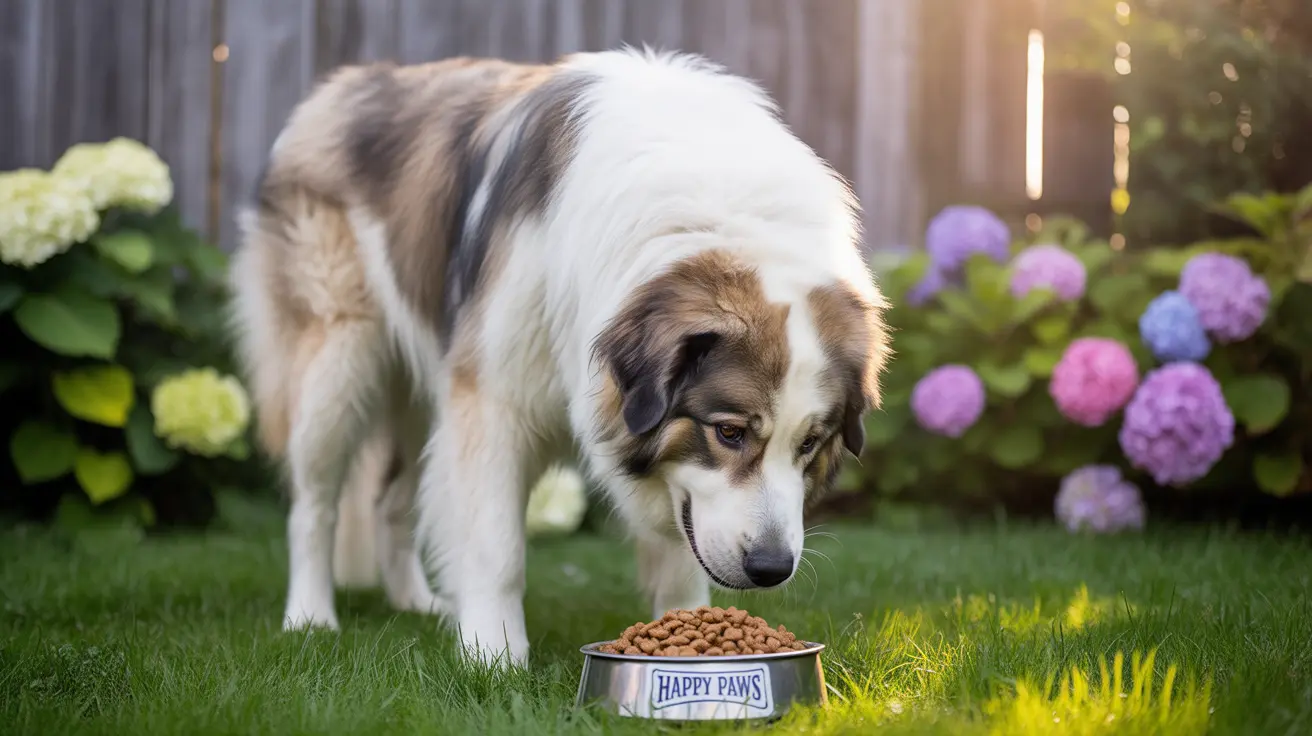 An Australian Shepherd standing in a garden looking down at a full bowl of dog food