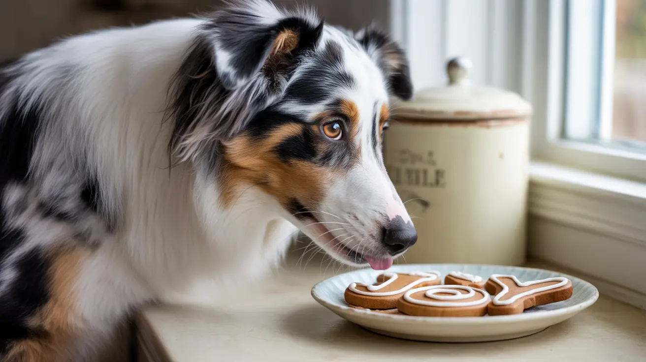 An Australian Shepherd looking longingly at a plate of decorated gingerbread cookies near a window.