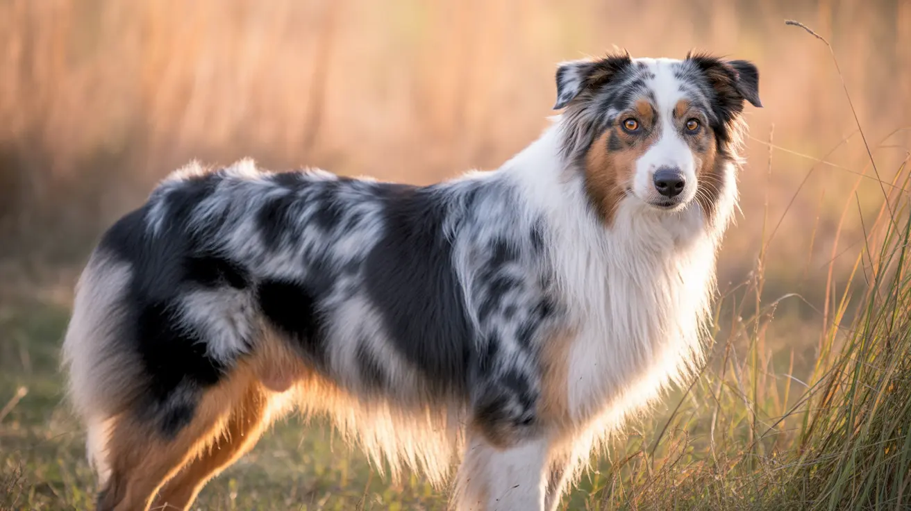 An Australian Shepherd standing alert in a grassy field during golden hour light