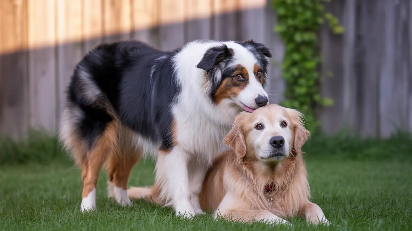 An Australian Shepherd and a Golden Retriever sitting together on a green lawn in a backyard