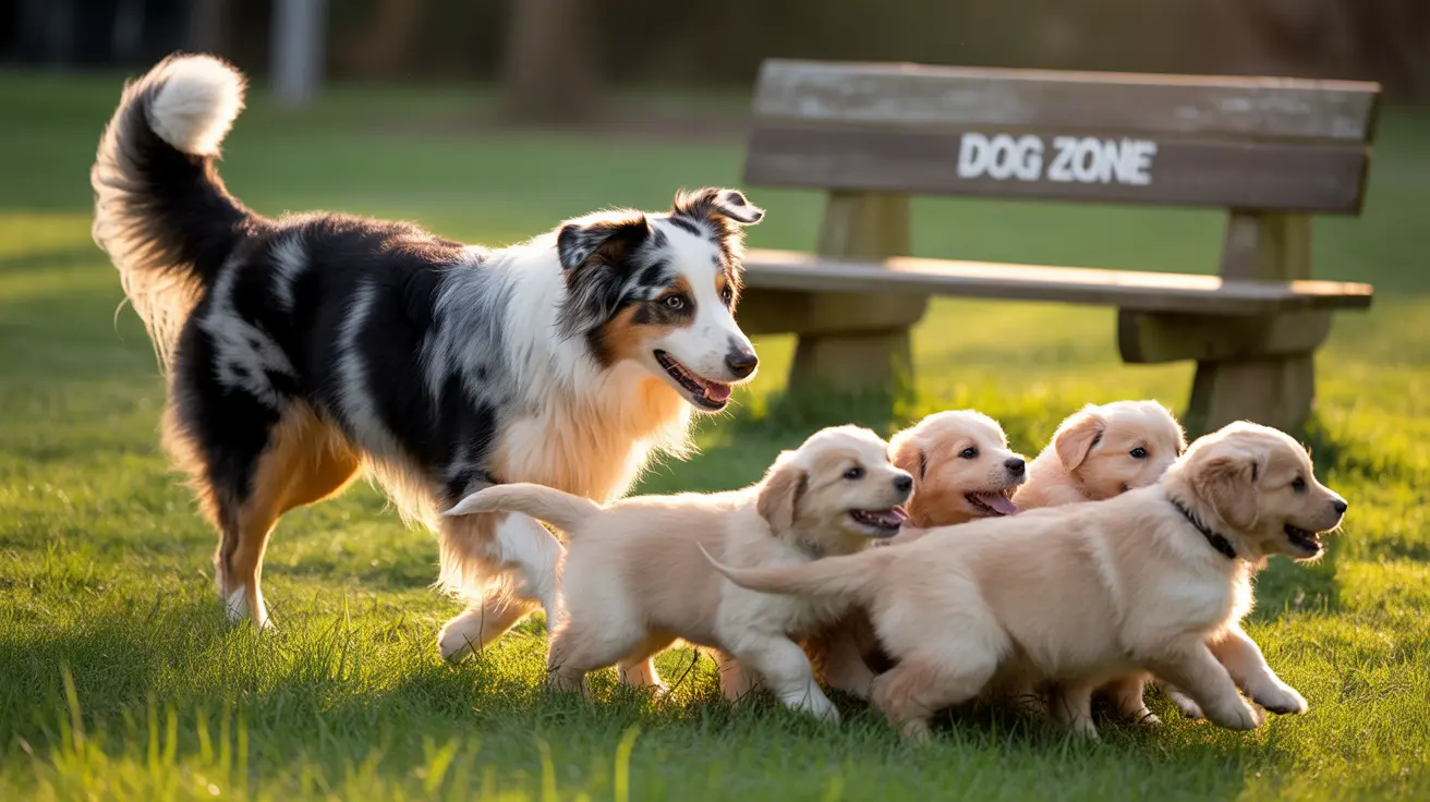 An Australian Shepherd standing with four young Golden Retriever puppies in a sunny grassy area