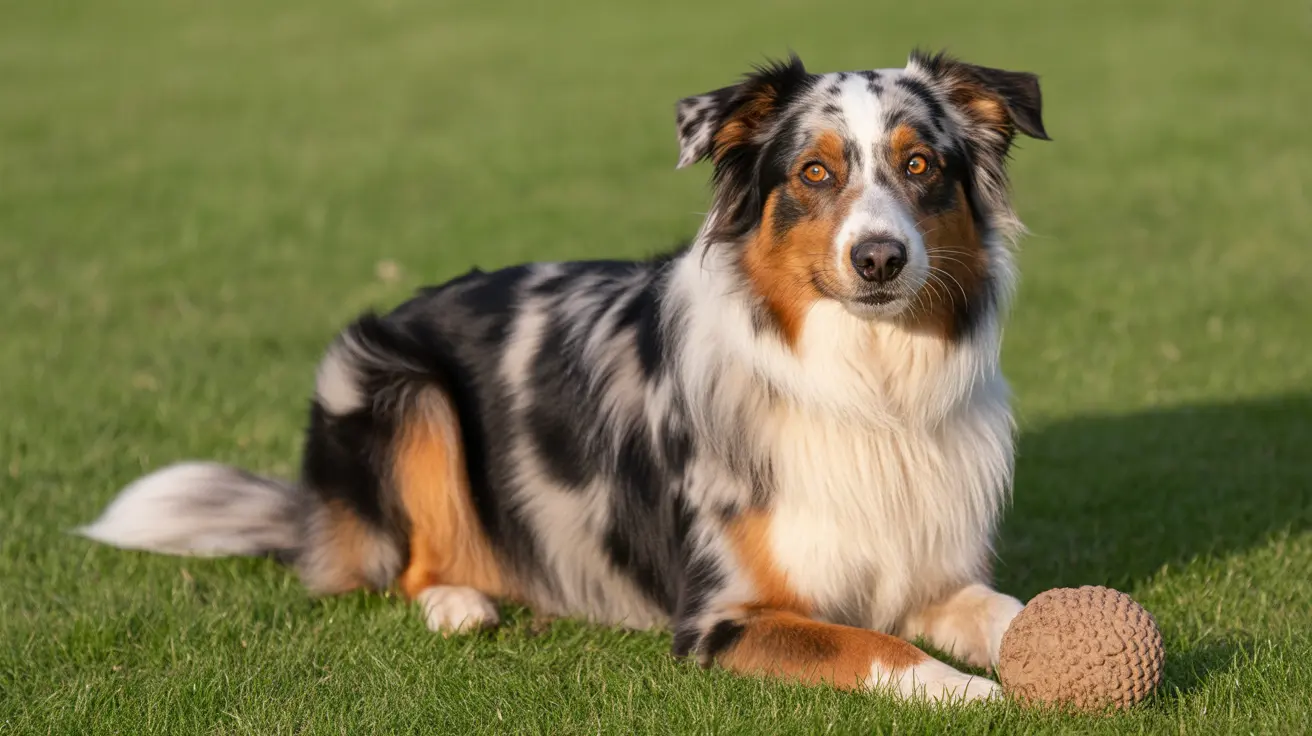 Australian Shepherd lying on green grass with textured ball toy