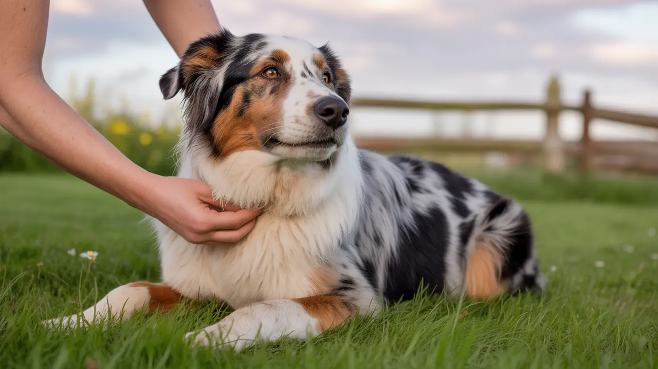 An Australian Shepherd sitting calmly on green grass while being petted by a human hand