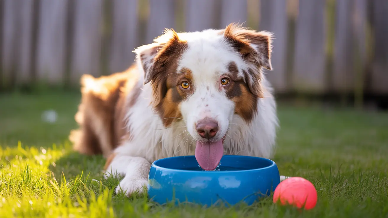 Australian Shepherd lying on grass beside blue water bowl and red ball with tongue out on sunny day