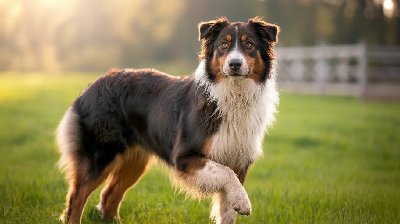 Australian Shepherd standing alert in grassy field with soft golden light background