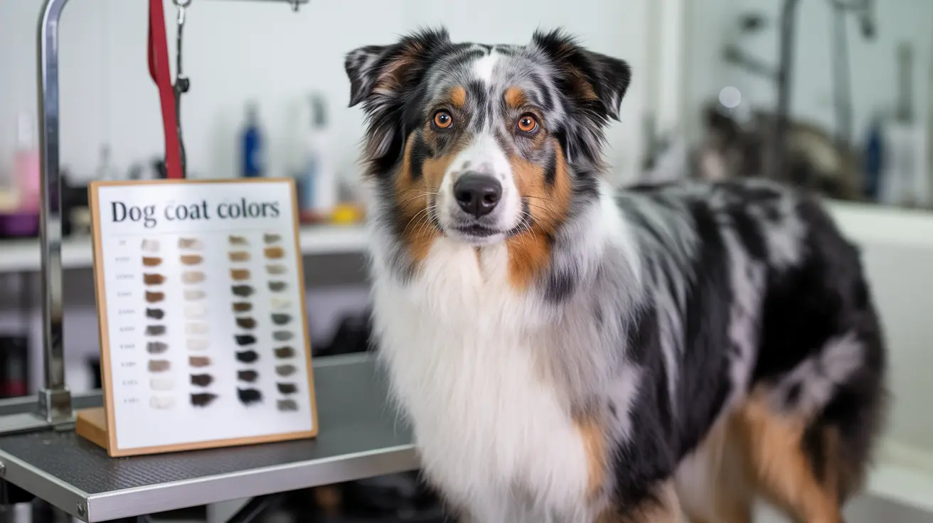 An Australian Shepherd sitting on a grooming table next to a dog coat colors chart