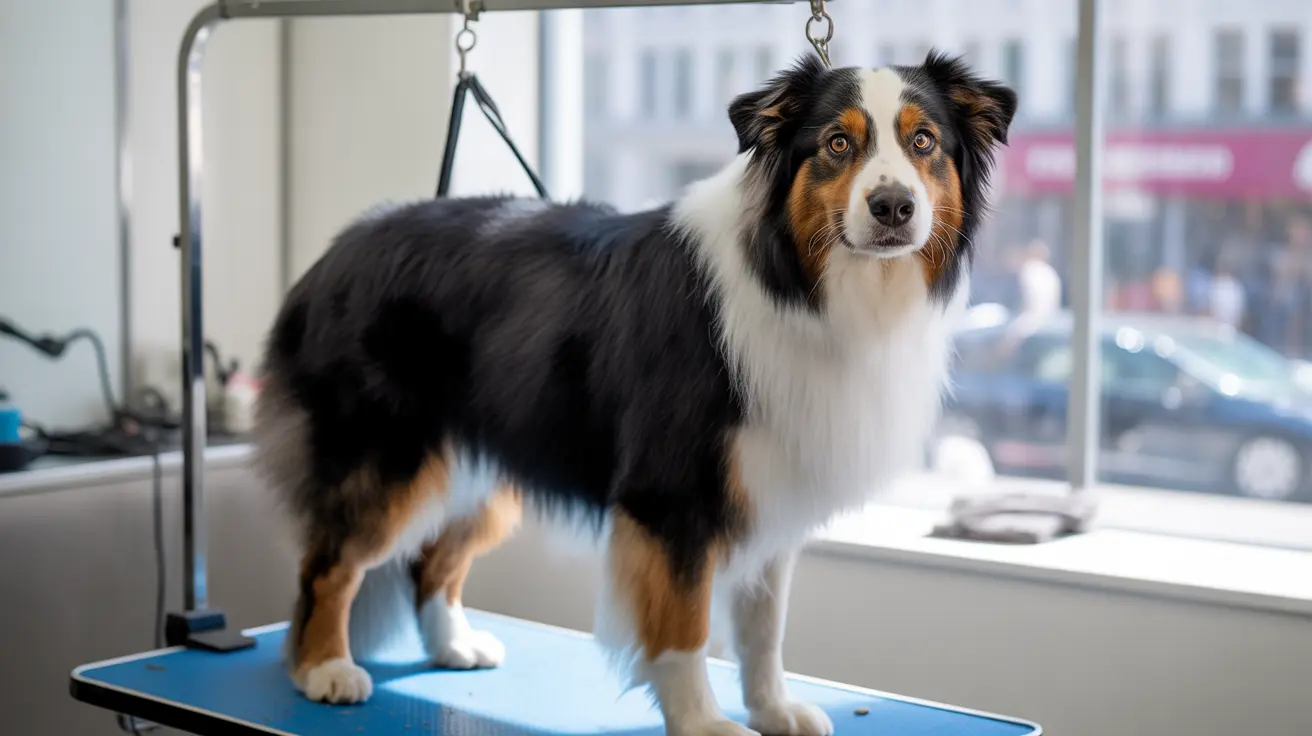 An Australian Shepherd standing on a blue grooming table in a professional pet salon