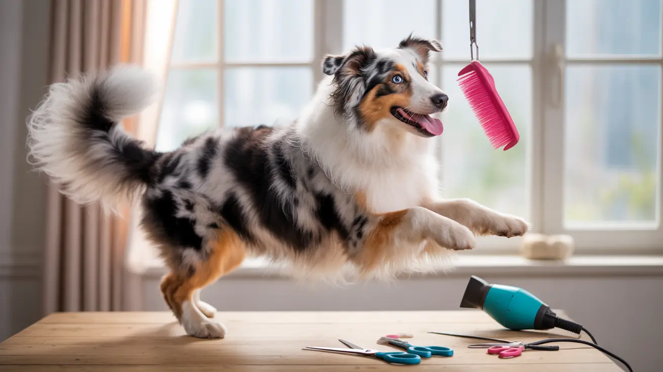 Australian Shepherd jumping mid-air near grooming tools with a bright pink brush