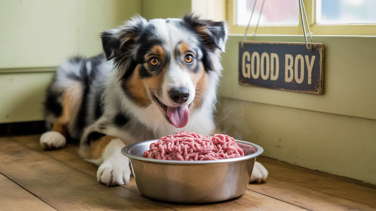 An Australian Shepherd sitting next to a bowl filled with raw ground meat, looking happy and excited