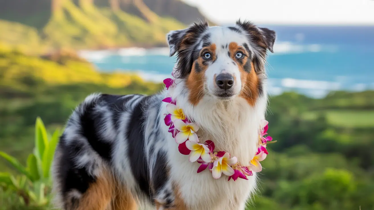 Australian Shepherd wearing a colorful Hawaiian lei in a lush tropical landscape with mountains and ocean in the background